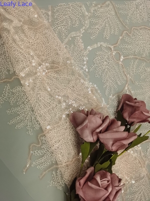 Leafy Embroidered Pink Sequin Lace Fabric Tulle Material Poly Embroidery Yarn