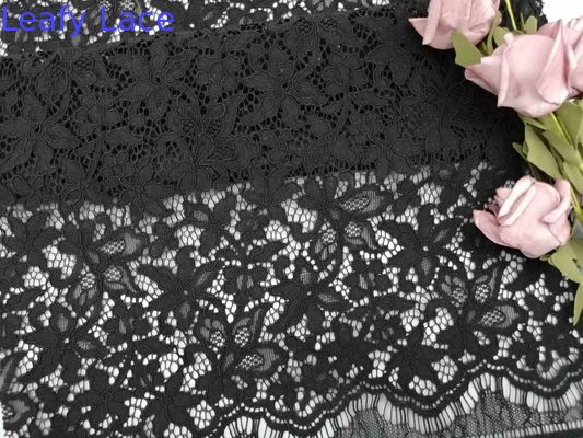 3D 57 Inch Black Floral Corded Lace Fabric With Soft Handfeel