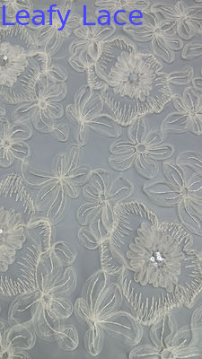 Mesh White Floral Pleated Lace Fabric for Gowns High Intricate Embroidery Wedding Dresses