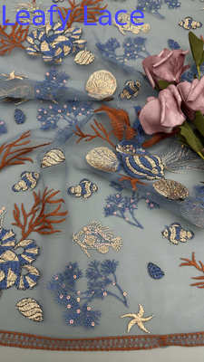 Sea Fish Embroideded Chinese Culture Luxary Mesh Funny Breathe Fabric For Party Gowns