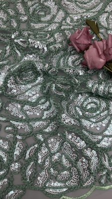 Sequin Embroidered Lace Fabric 3D Floral Design Customized Fabric For Gowns