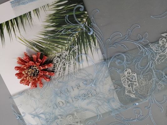 49" Bule Tulle Foil Coated Embroidered Mesh Lace Fabric