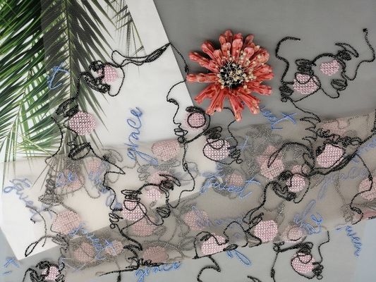 Multi Colored Embroidered Tulle Mesh Fabric With Letters