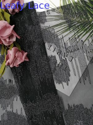 Black Metallic Lurex Geometric Line Silver Embroidered Lace Fabric