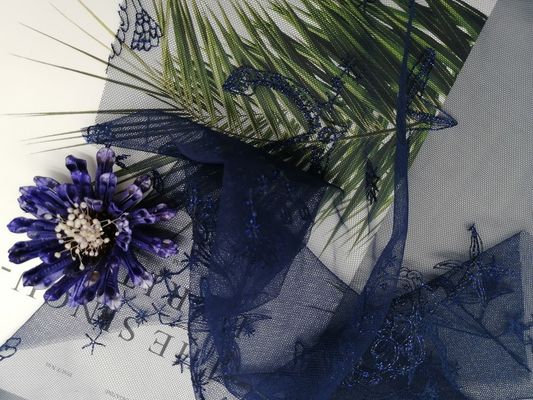 Navy Sea Animals Embroidered Mesh Lace Fabric Wedding Gown Lace Fabric