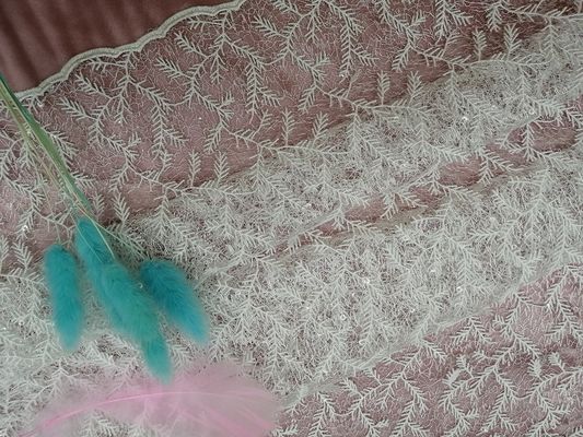 Eco Friendly Delicate 3D Floral White Embroidery Lace Fabric