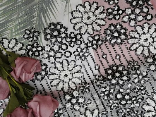 White Black Contrast Party Sequin Embroidered Fabric