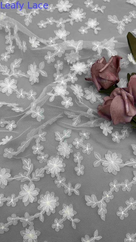 White Color Floral 3D Laser Out Embroidery  3d Rose Fabric By The Yard Full Width Fabric For Women Dress
