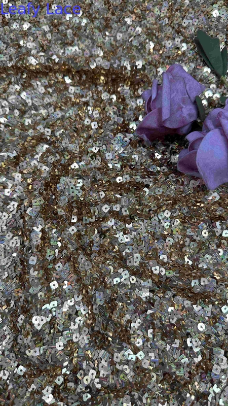 50 Inch Brown Color High Quality Sparkling Square Sequin Netting Embroidery Lace Dress Fabric For Evening Dress