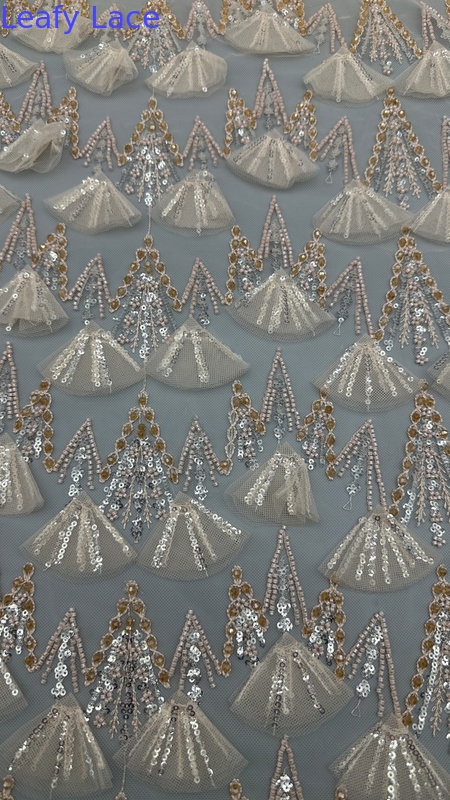 Elegant Embroidered Lace Fabric In Ecru For Garment Beading 3D With Sector Shape