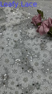 Tissu de broderie en polyester à perles, paillettes, dentelle, spandex, blanc, 100% de dentelle brodée