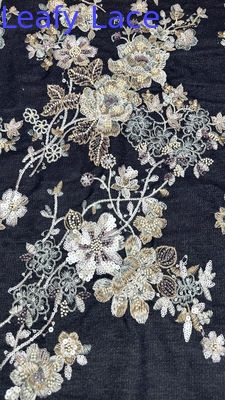 Tissu de broderie à perles, séquence lumineuse, dentelle florale, tissu de fête