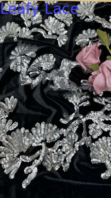 Tulle à feuilles noires en filets, dentelle, séquins, tissus détaillés pour les déclarations, robes de cérémonie
