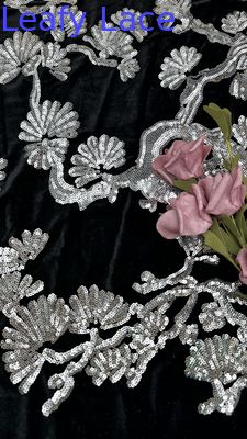 Tulle à feuilles noires en filets, dentelle, séquins, tissus détaillés pour les déclarations, robes de cérémonie