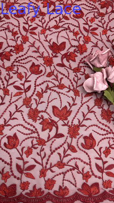 Tissu de dentelle brodée rouge en treillis à feuilles pour fêtes Robes de soirée Vêtements