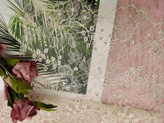 Tissu argenté métallique orange français de dentelle de Chantilly Tulle Lurex